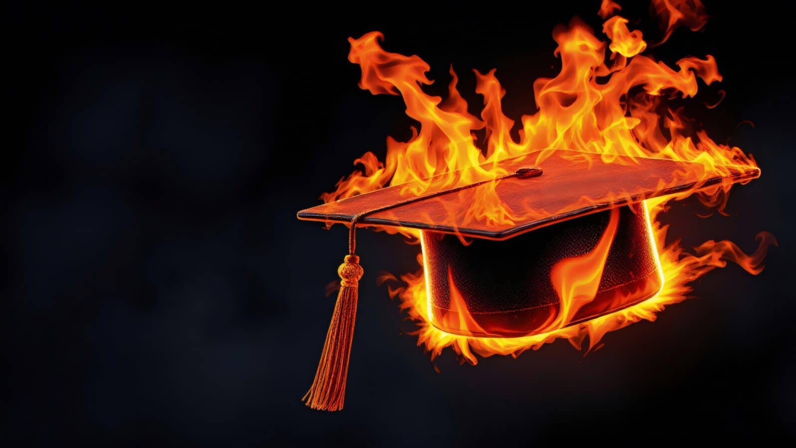 Graduation Cap on Fire on Dark Background with Left Copy Space, Symbolizing Student Debt and Academic Stress
