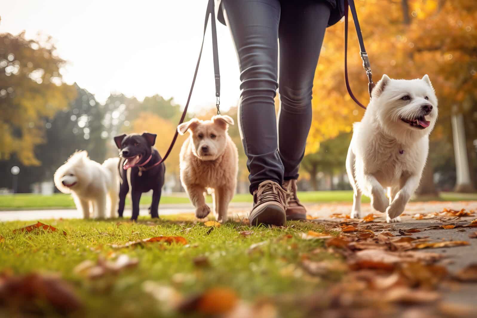 Professional Dog Walkers. Dog Walking Business, Services. Professional dog walker, pet sitter walking with different breed and rescue dogs on leash at city park