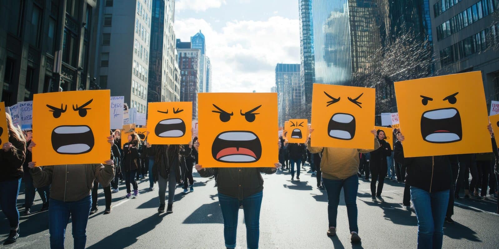Protesters holding yellow angry face signs.