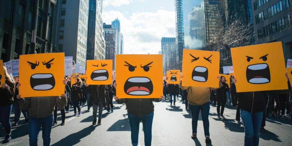 Protesters holding yellow angry face signs.