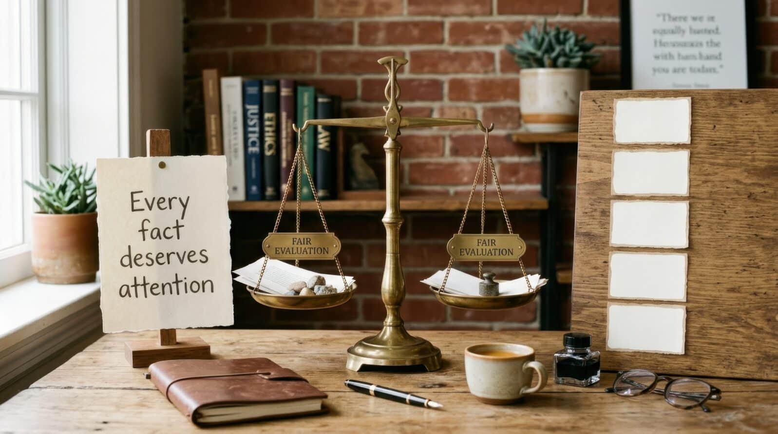 Vintage brass scales of justice sit on a wooden desk with a sign stating every fact deserves attention, representing fair evaluation and legal integrity within the professional law office