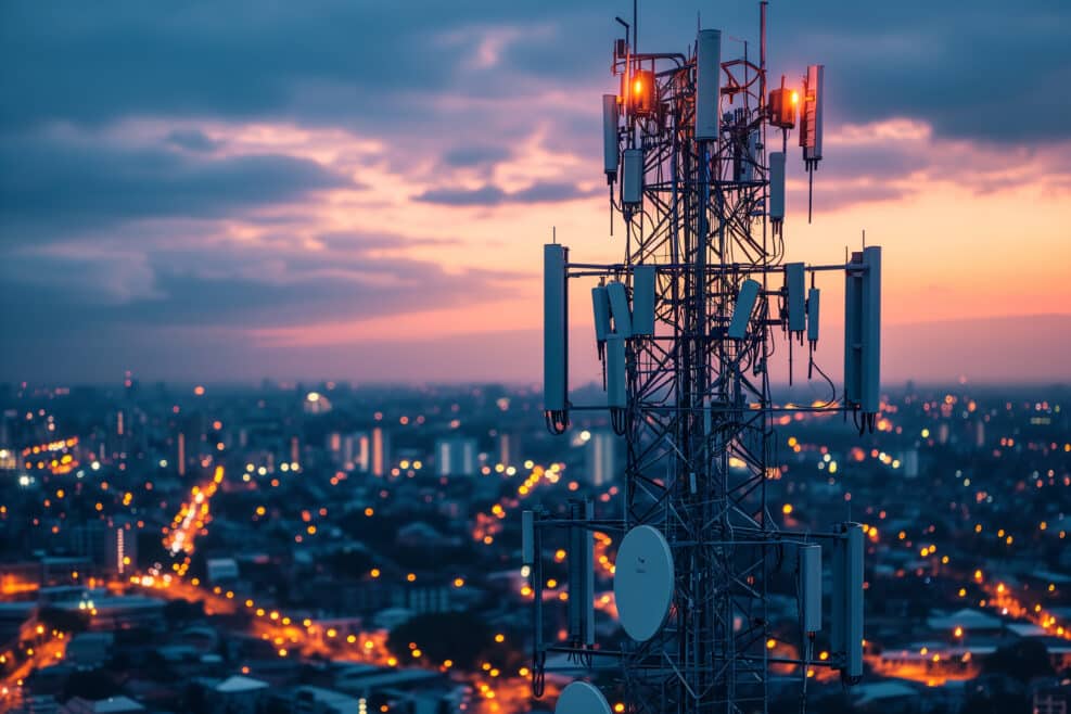 A cityscape at night, with cell tower with red lights glowing in the night sky. The tower is located in the foreground, and it is surrounded by a dense urban area.