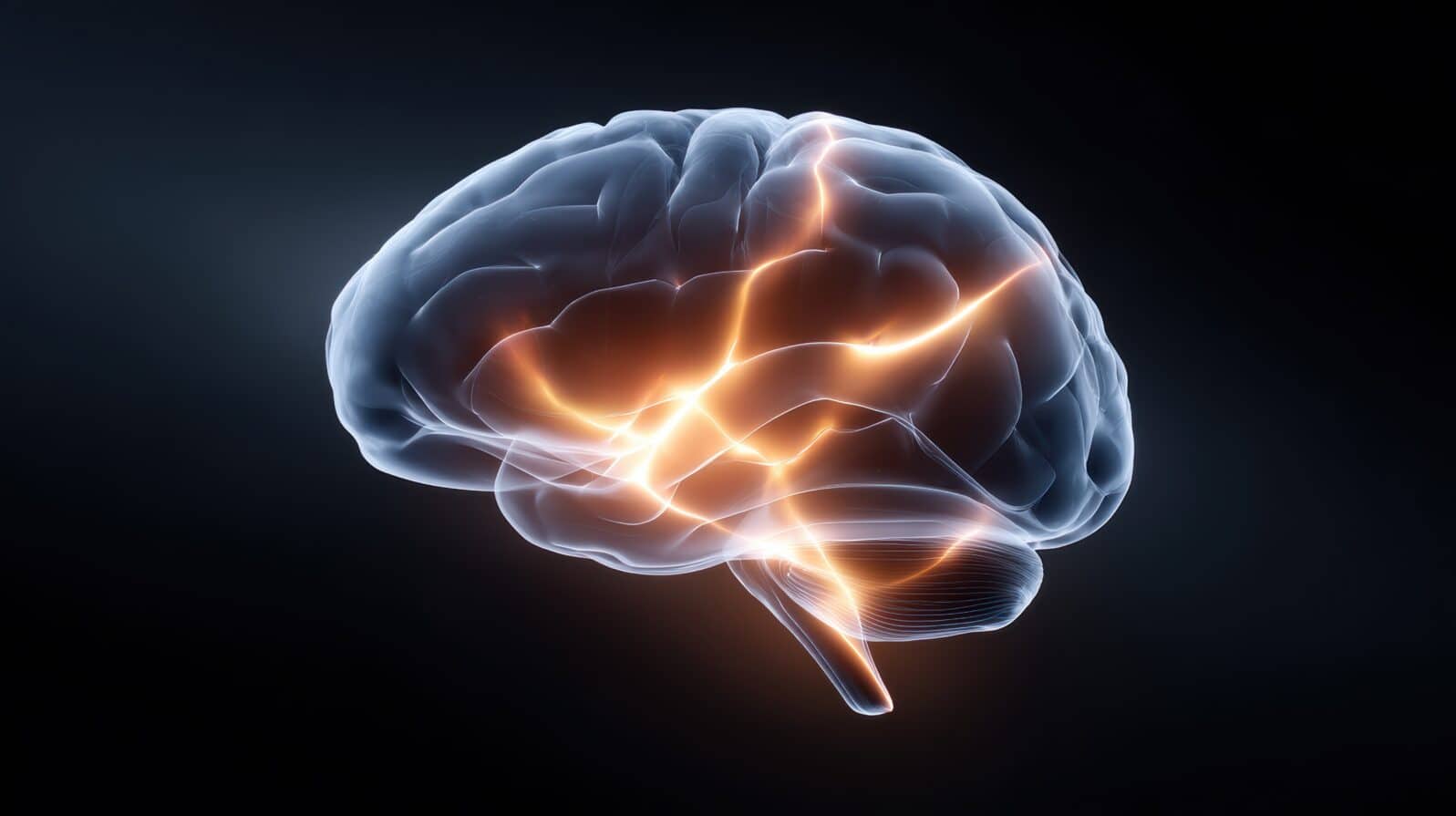 A digital illustration of a human brain with glowing neural pathways highlighting active connections and brain activity on a dark background.