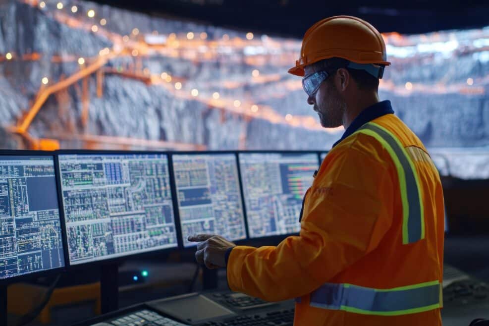 A worker in safety gear reviews machinery data on monitors in a mining control room