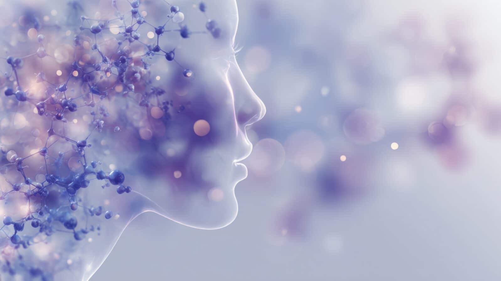 Artistic composition of translucent female profile merging with molecular structures in soft violet tones symbolizing biotechnology, mind and human consciousness