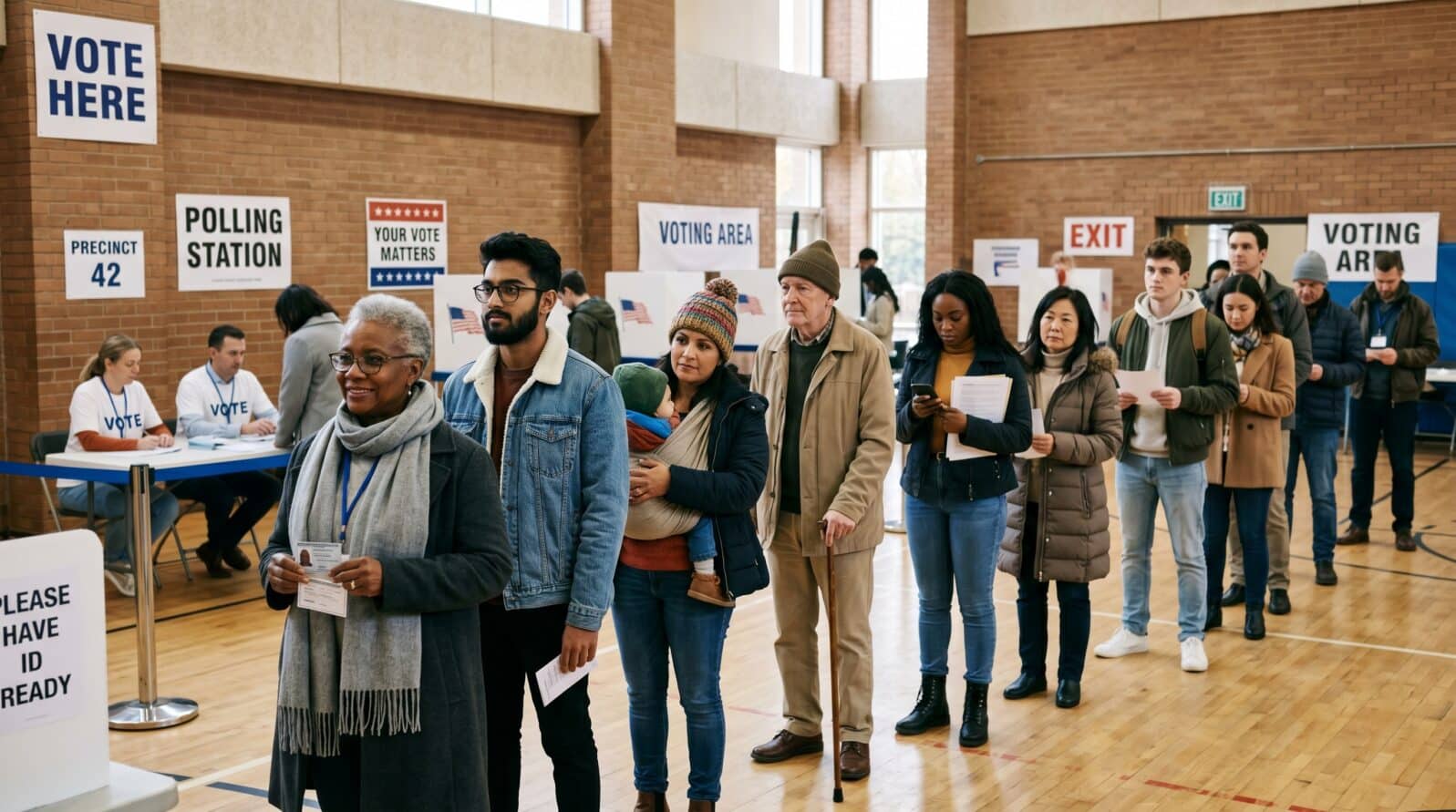 Diverse group of people waiting in line to cast their ballots at a polling station during an election day