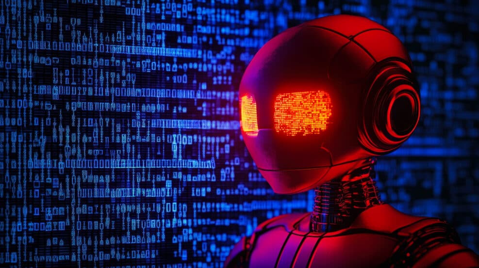 Evil Robot Concept with Rogue AI and Malicious Code Depicting Machine Learning Risk