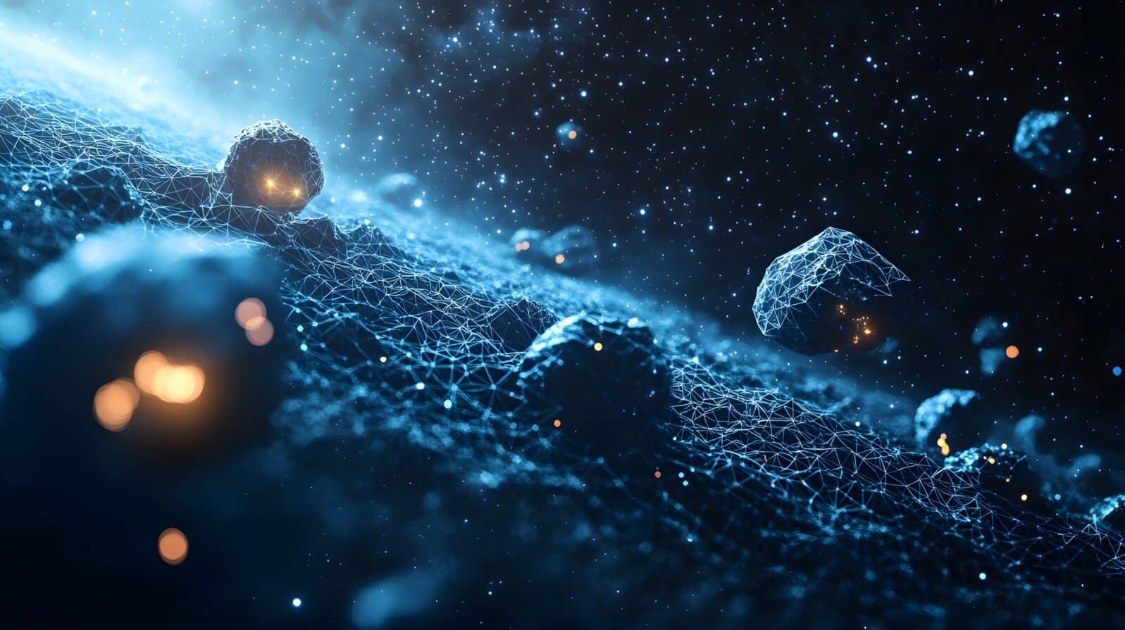 Explore a simulated cosmos! Polygonal terrain meets glowing geometric shapes amidst a star-filled expanse, blending digital art and astronomy. Abstract wireframe in dark blue.