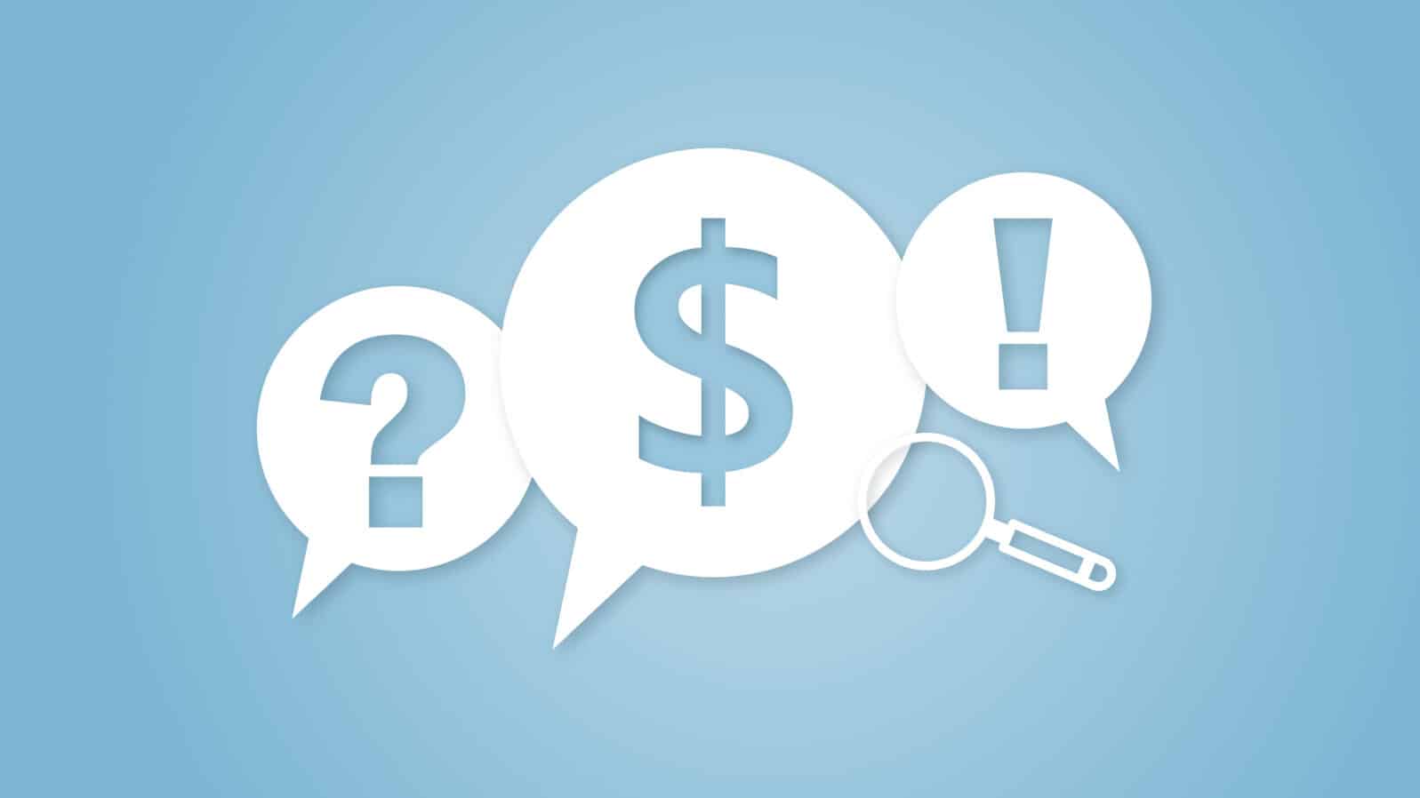 Financial questions, problem solving and support concept with speech bubbles containing a dollar sign, question mark, exclamation mark and a magnifying glass on blue background.