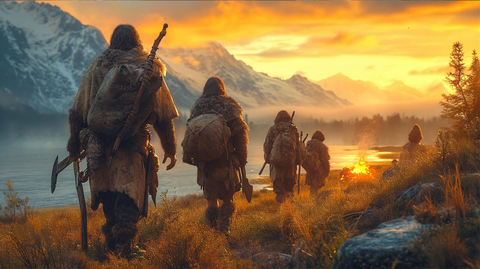 Group of neanderthal people walking by river ,