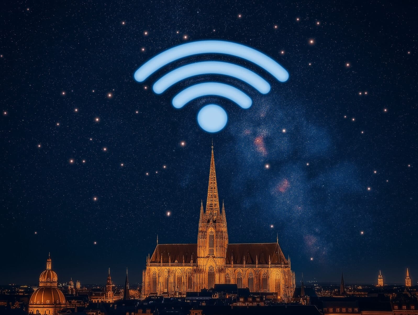 Nighttime Connection: A celestial cityscape, bathed in the soft glow of distant stars, is illuminated by a glowing Wi-Fi signal, symbolizing the ever-present connectivity of modern life.
