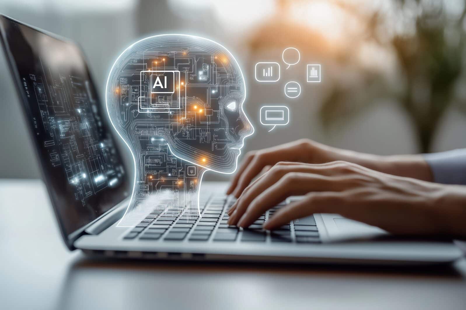 Person uses laptop interacting with AI virtual assistant. AI head graphic overlay laptop keyboard. Concept of AI prompt engineering, LLM. Person types on keyboard to communicate with virtual