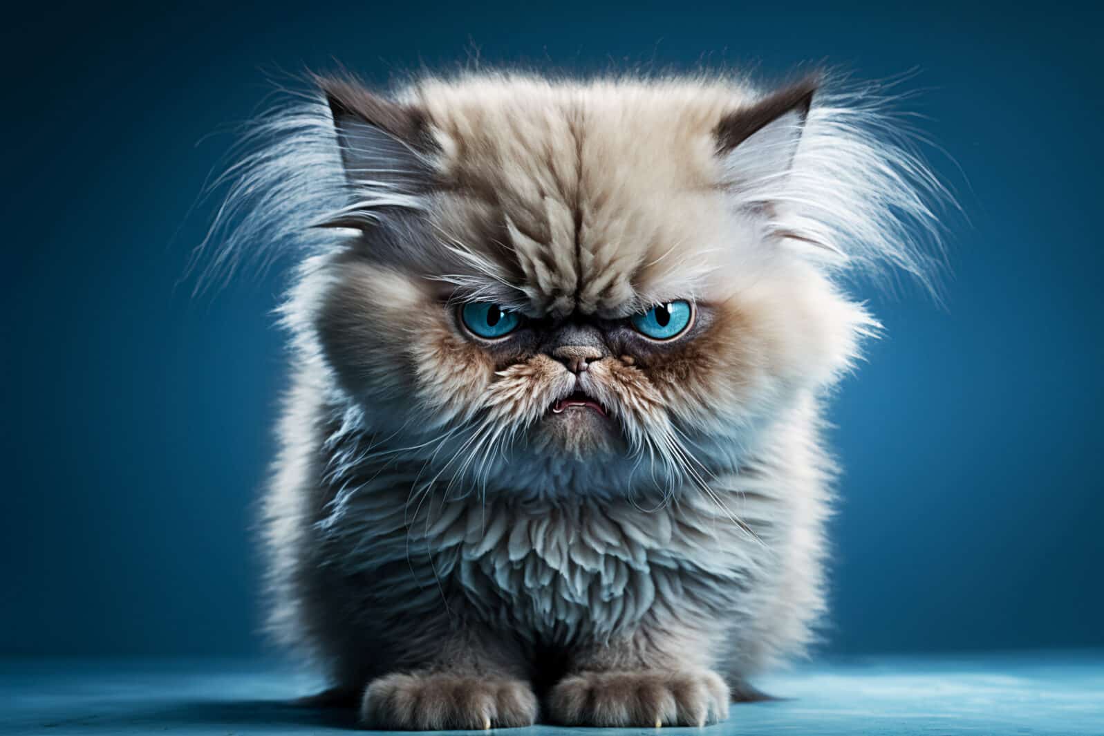 Portrait of angry cat on blue background. Generative AI