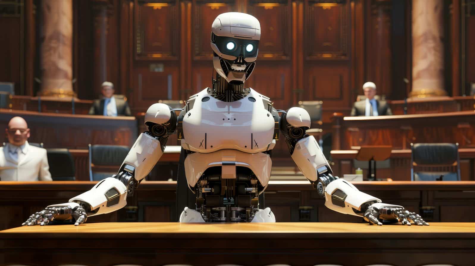 Robot takes the stand in a legal setting - A robotic figure replaces a human in the witness stand of a courtroom, sugguesting high-tech justice