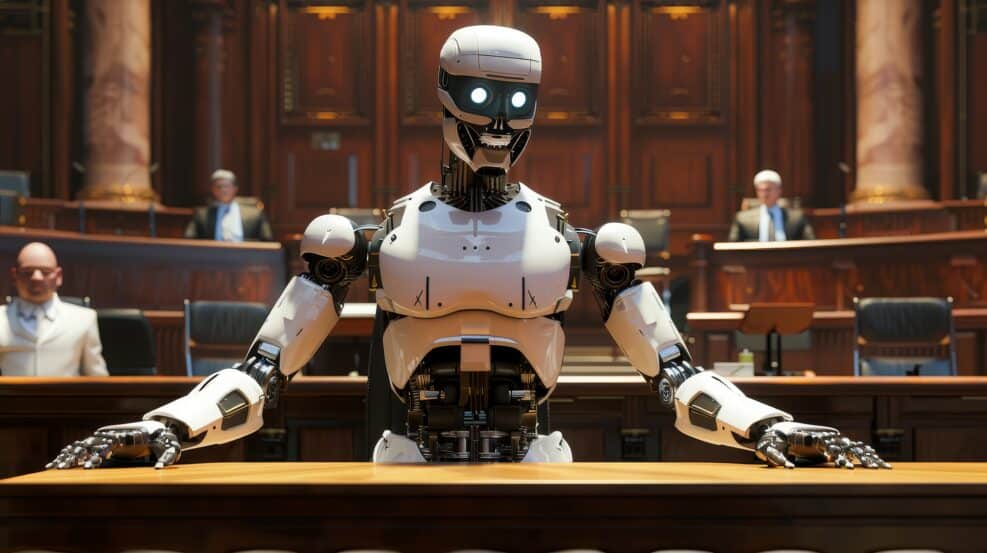 Robot takes the stand in a legal setting - A robotic figure replaces a human in the witness stand of a courtroom, sugguesting high-tech justice