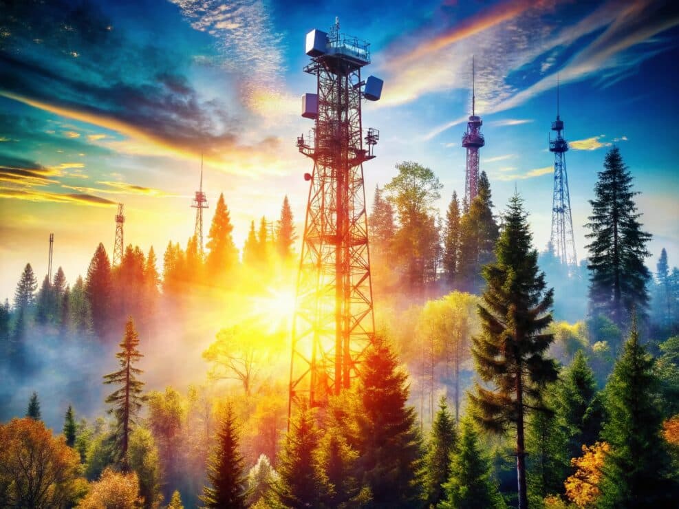 Sunny Day Cell Tower Overload: Double Exposure of Crowded Infrastructure and Majestic Pines