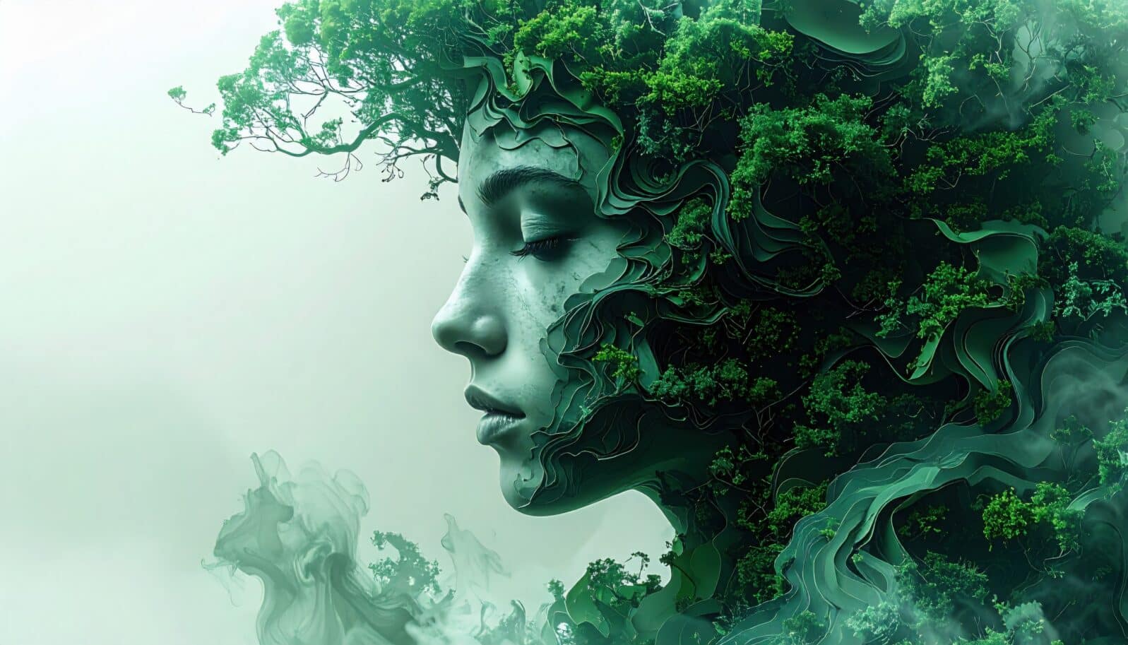 Surreal digital art portraying female face blending with green forest forms symbolizing mother nature connection between humanity and earth environmental awareness and organic harmony