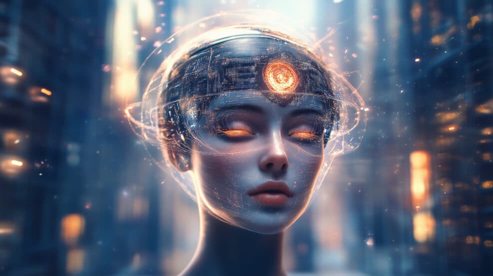 transhuman woman with alien blue skin and technological enhancements, glowing eyes and holographic data helmet